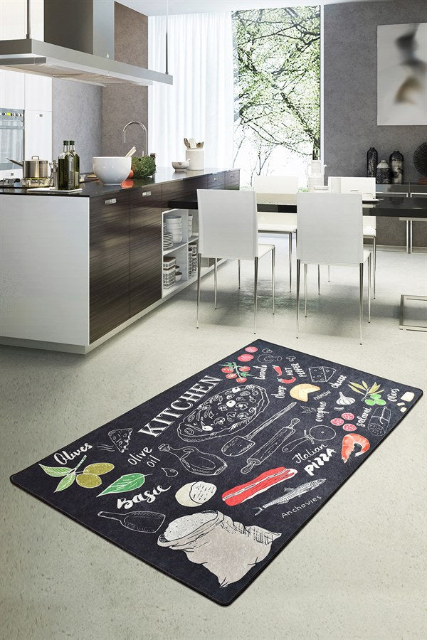 Washable Kitchen Rug, Pizza Herb Chalkboard Design, Modern Farmhouse Decor, Italian Food Mat