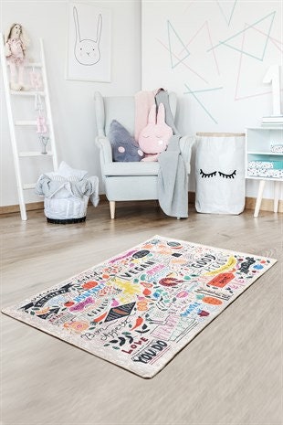 Kids Playroom Rug – Doodle Art Kitchen & Vegan Food Area Carpet