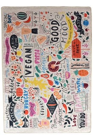 Kids Playroom Rug – Doodle Art Kitchen & Vegan Food Area Carpet