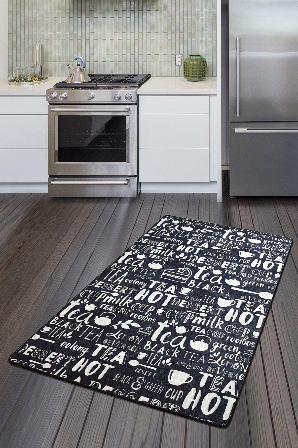 Modern Chalkboard-Style Washable Kitchen Mat – "Tea & Dessert" Non-Slip Decorative Runner