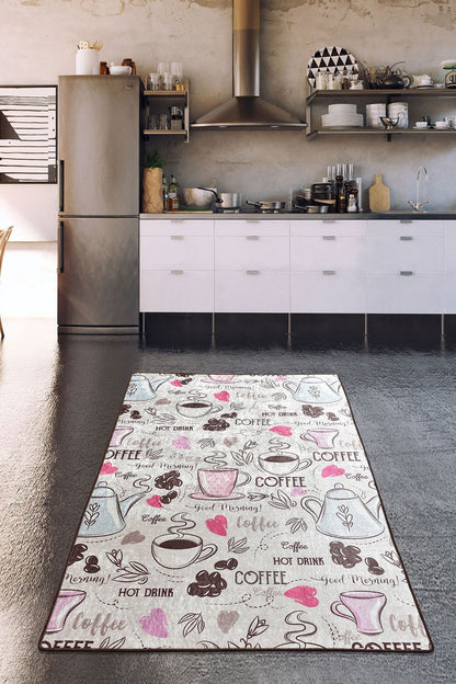 Whimsical Coffee Runner Rug – Illustrated Mugs, Teapots, Hearts Kitchen Decor