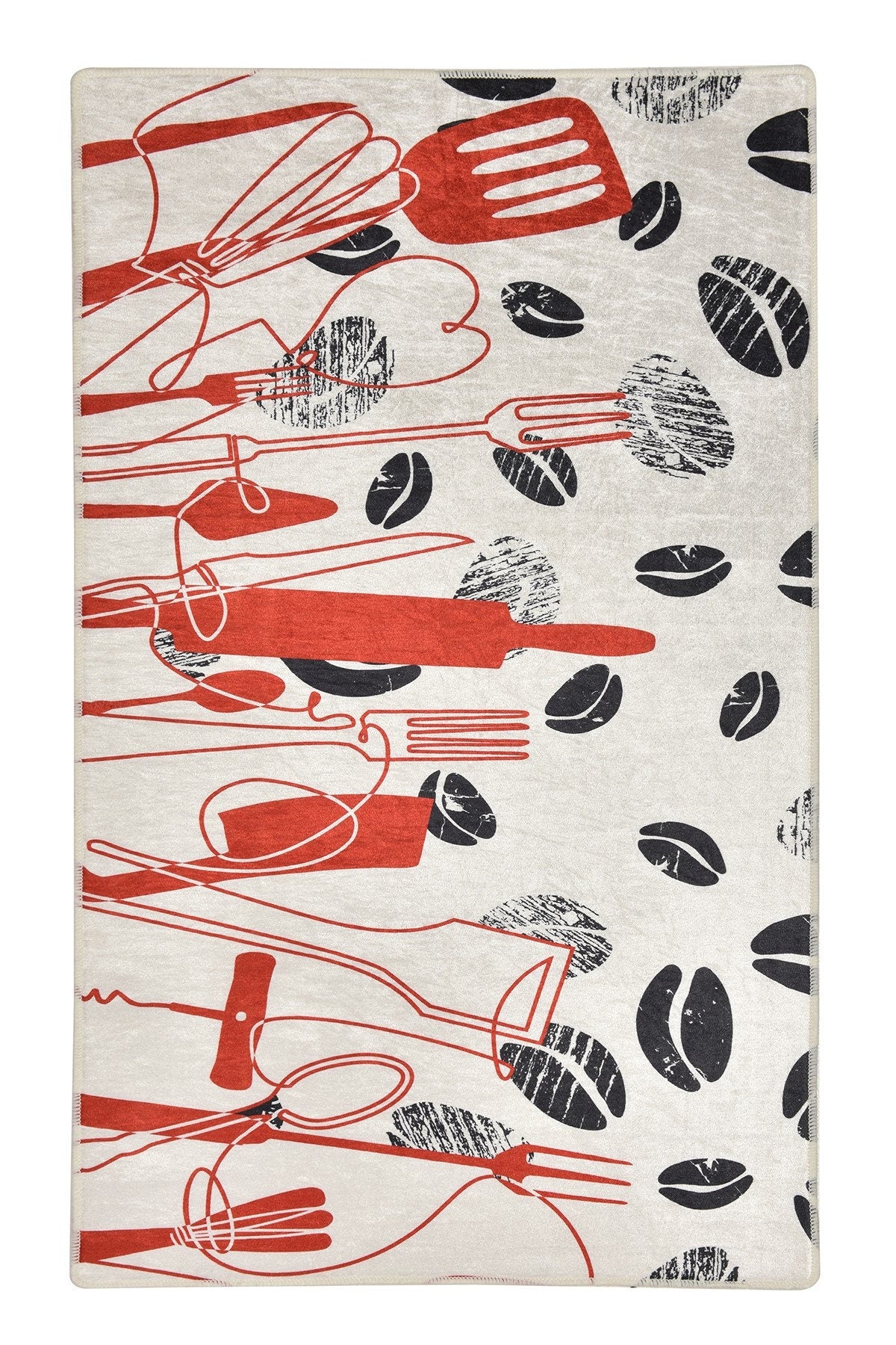 Modern Kitchen Rug | Red Black Utensil Coffee Bean Print, Non-Slip Mat