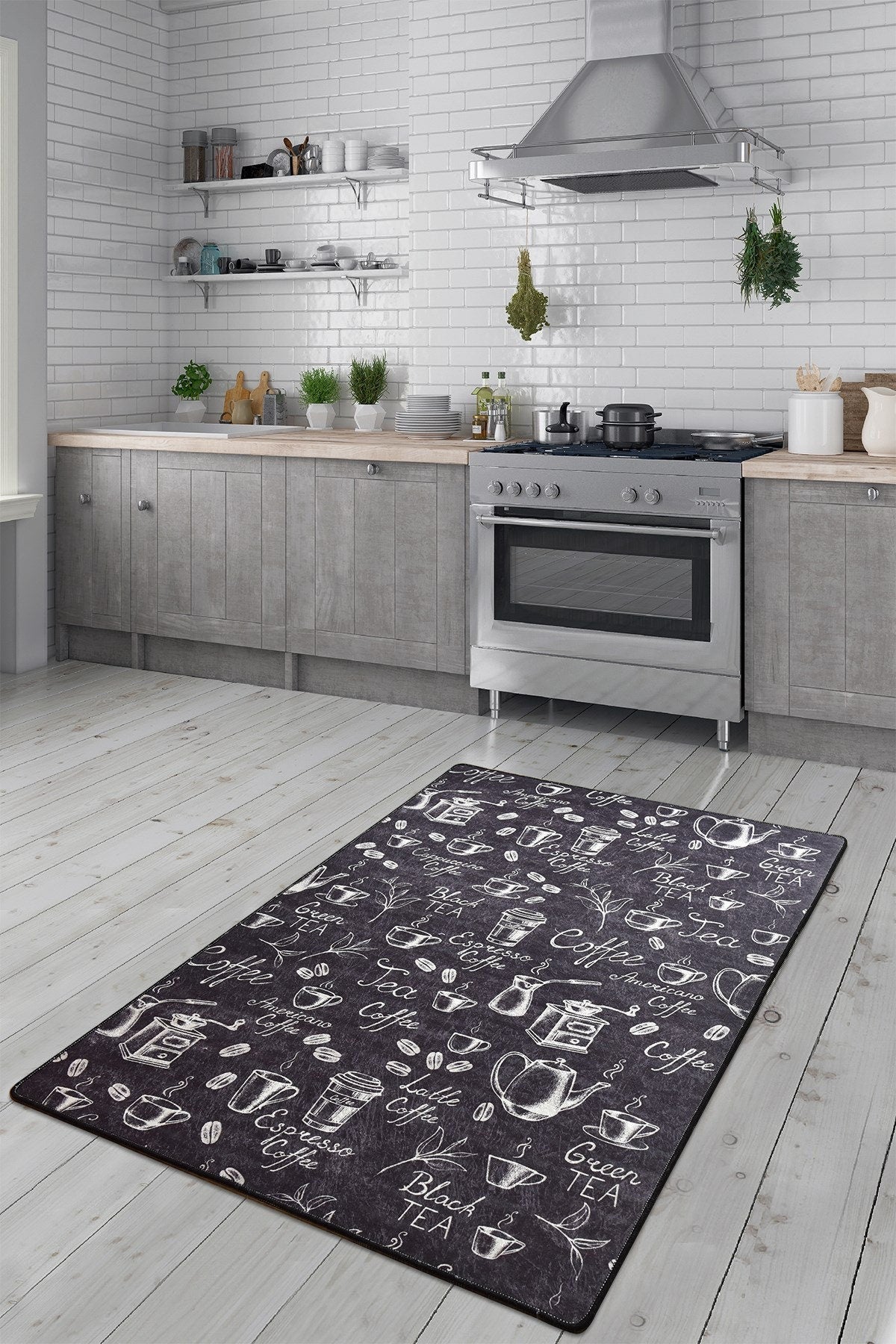 Chalkboard Coffee Kitchen Rug, Non-Slip Runner, Farmhouse Espresso Decor