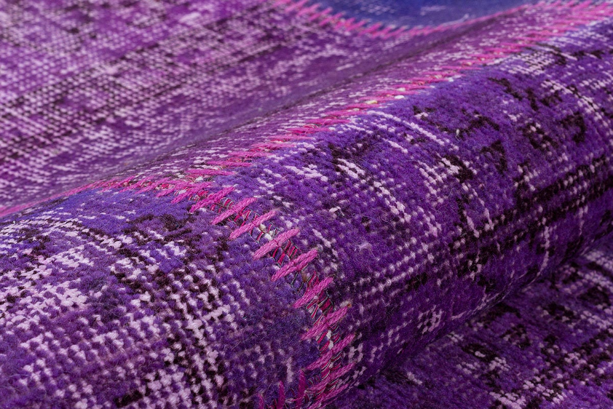 Handmade Purple Patchwork Runner Rug: Bohemian Wool Carpet (2.6x9.8 ft)