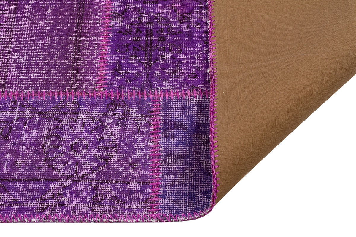 Handmade Purple Patchwork Runner Rug: Bohemian Wool Carpet (2.6x9.8 ft)