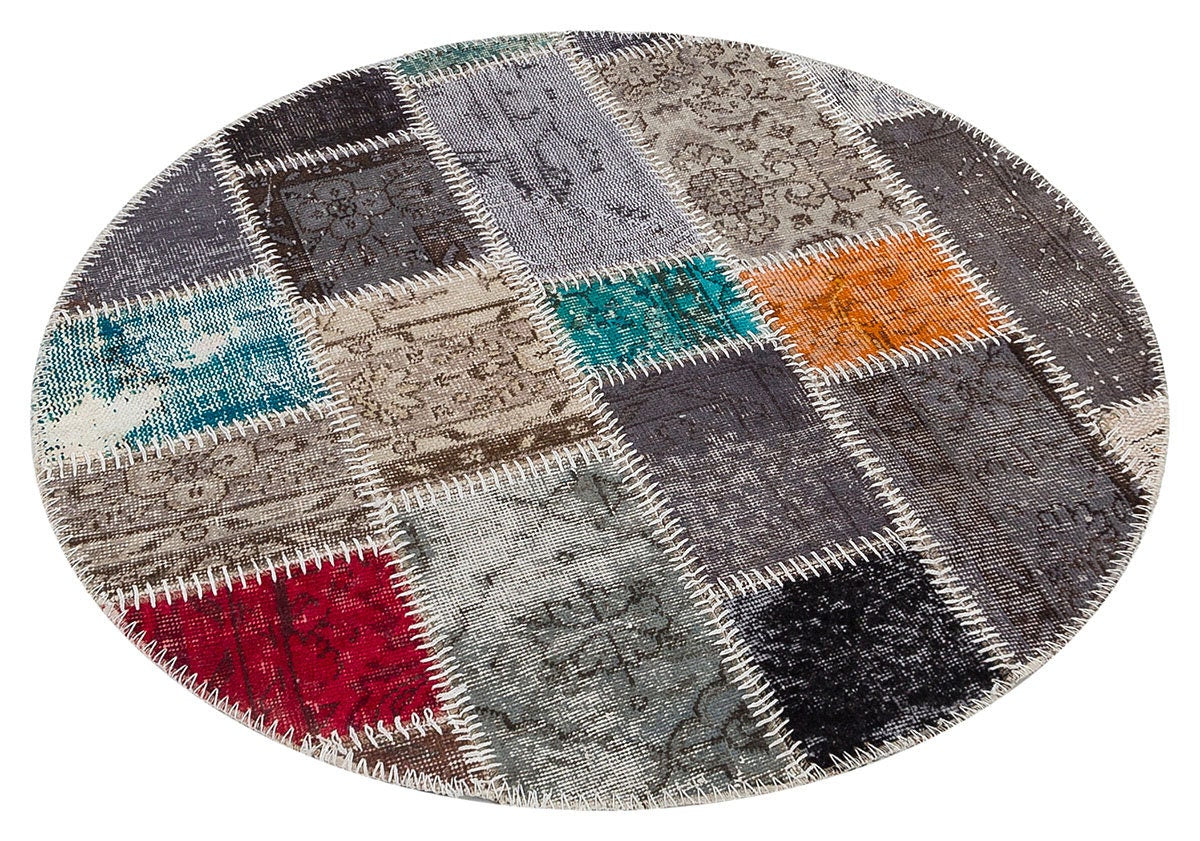 Handmade Wool Patchwork Rug: 3.6x3.6 ft Bohemian Circle Rug