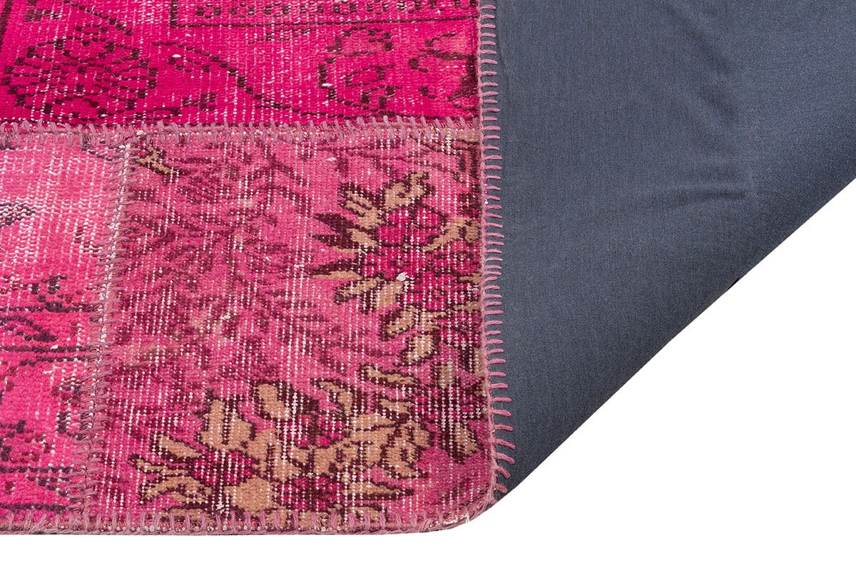 Pink Patchwork Rug: Handmade Bohemian Anatolian Wool Carpet (5.6x7.9 ft)