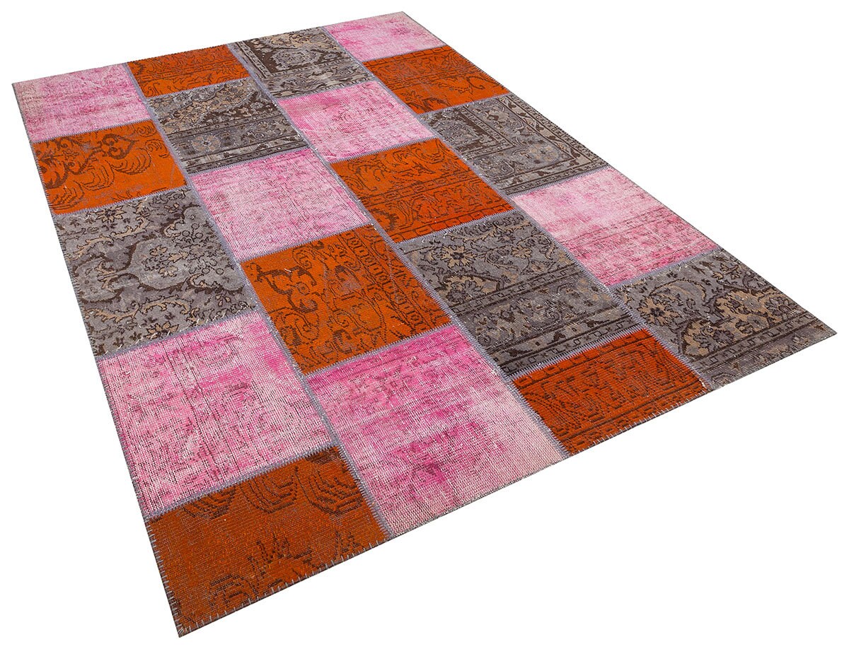 Handmade Pink Patchwork Wool Rug: Bohemian Turkish Area Rug