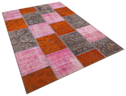 Handmade Pink Patchwork Wool Rug: Bohemian Turkish Area Rug