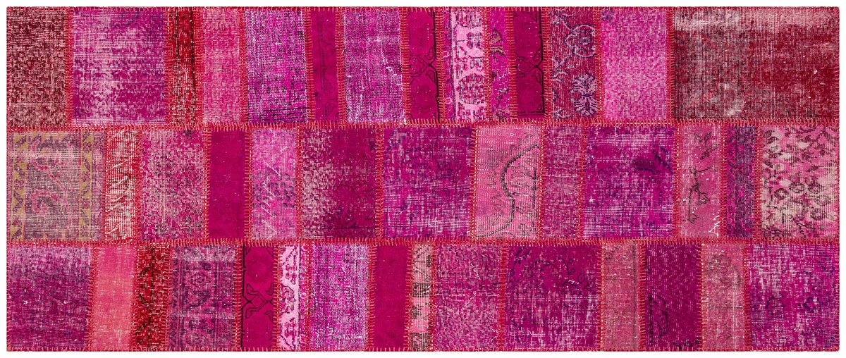 Handmade Pink Patchwork Runner Rug: Bohemian Wool Turkish Rug (3.5x7.9 ft)