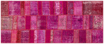 Handmade Pink Patchwork Runner Rug: Bohemian Wool Turkish Rug (3.5x7.9 ft)