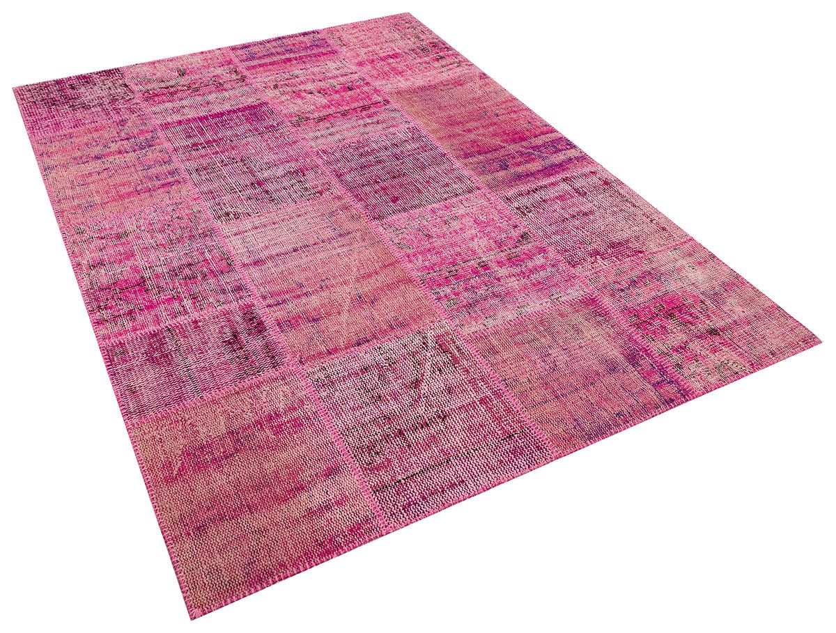 Handmade Pink Patchwork Rug: Modern Bohemian Wool Area Rug (5.2x7.5 ft)