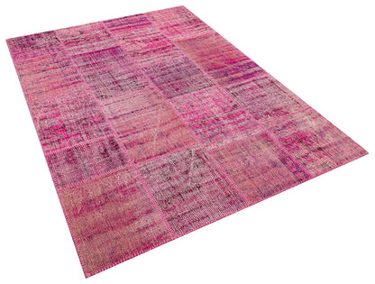 Handmade Pink Patchwork Rug: Modern Bohemian Wool Area Rug (5.2x7.5 ft)