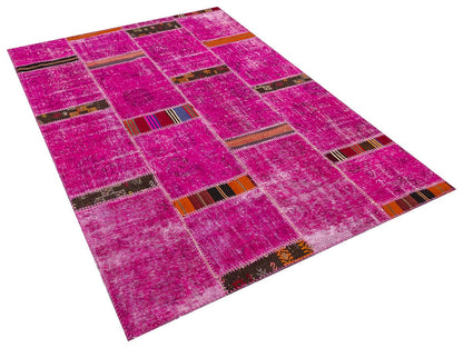 Handmade Pink Patchwork Rug: Bohemian Wool Anatolian Carpet (5.2x7.5 ft)