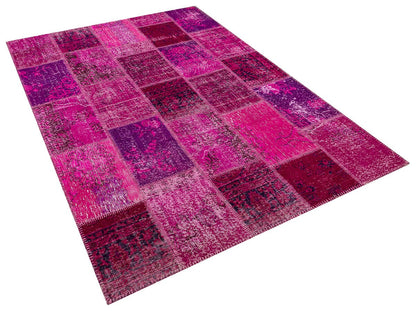 Handmade Pink Patchwork Rug: Modern Bohemian Wool Area Rug (5.8x8.4 ft)