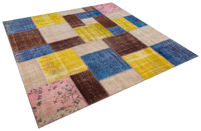 Handmade Wool Patchwork Rug: 7.5x7.5 ft Square Anatolian Rug