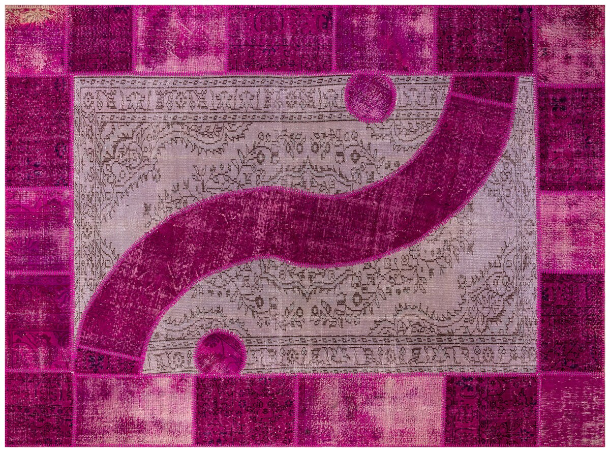 Pink Patchwork Wool Rug: Bohemian Ying Yang Area Rug (7.9x10.8 ft)
