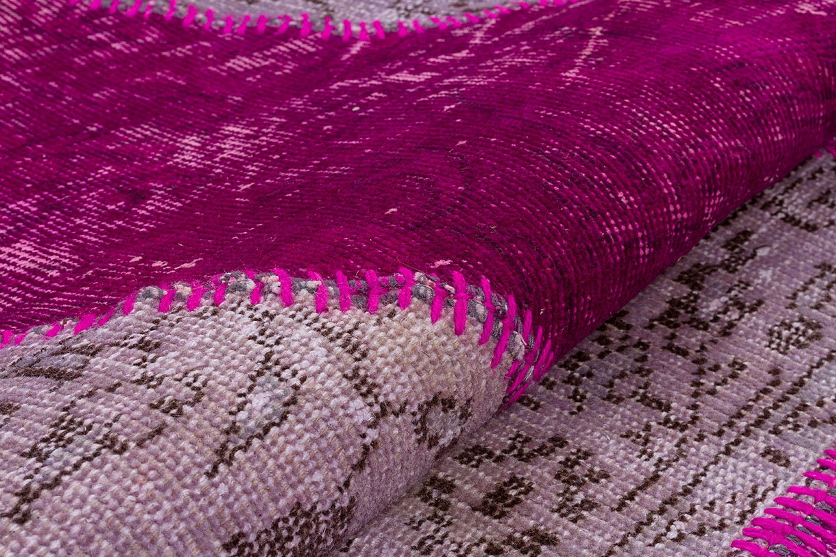 Pink Patchwork Wool Rug: Bohemian Ying Yang Area Rug (7.9x10.8 ft)