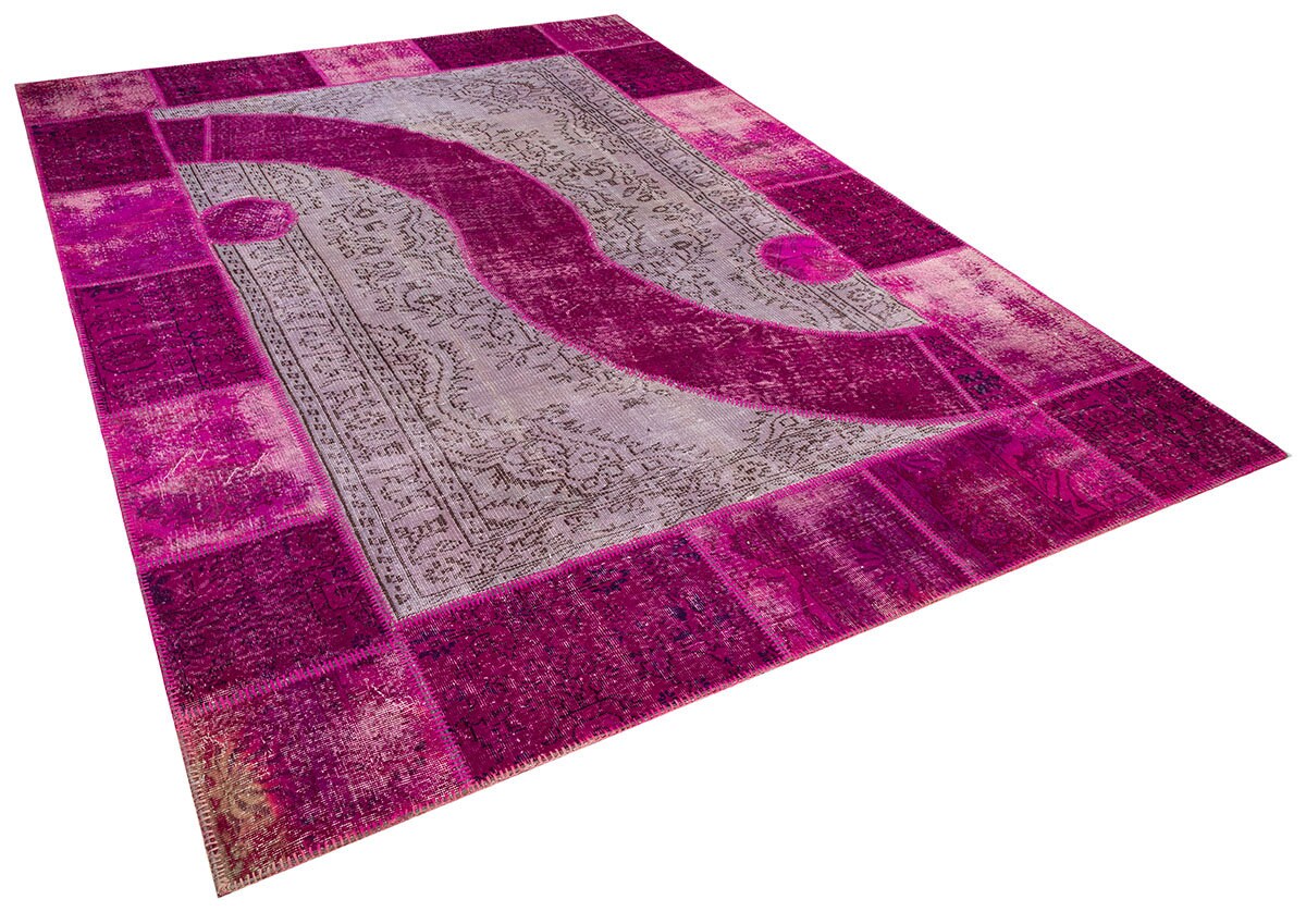 Pink Patchwork Wool Rug: Bohemian Ying Yang Area Rug (7.9x10.8 ft)
