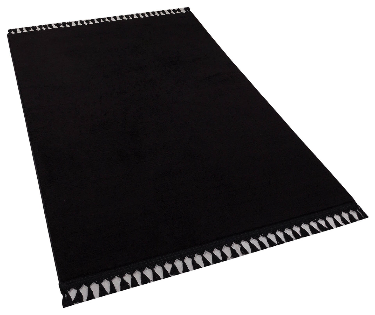 Black Fluffy Rug: Plain Modern Cotton Carpet with Tassels