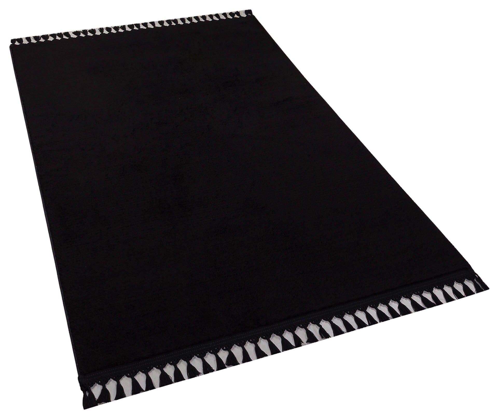 Black Fluffy Rug: Plain Modern Cotton Carpet with Tassels