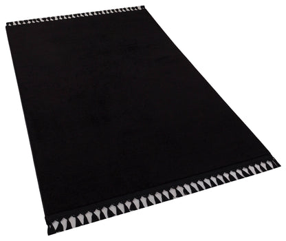 Black Fluffy Rug: Plain Modern Cotton Carpet with Tassels