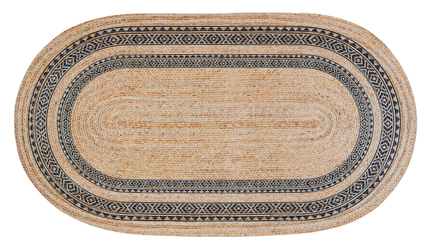 Bohemian Jute Rug: Washable Oval Rug with Geometric Border