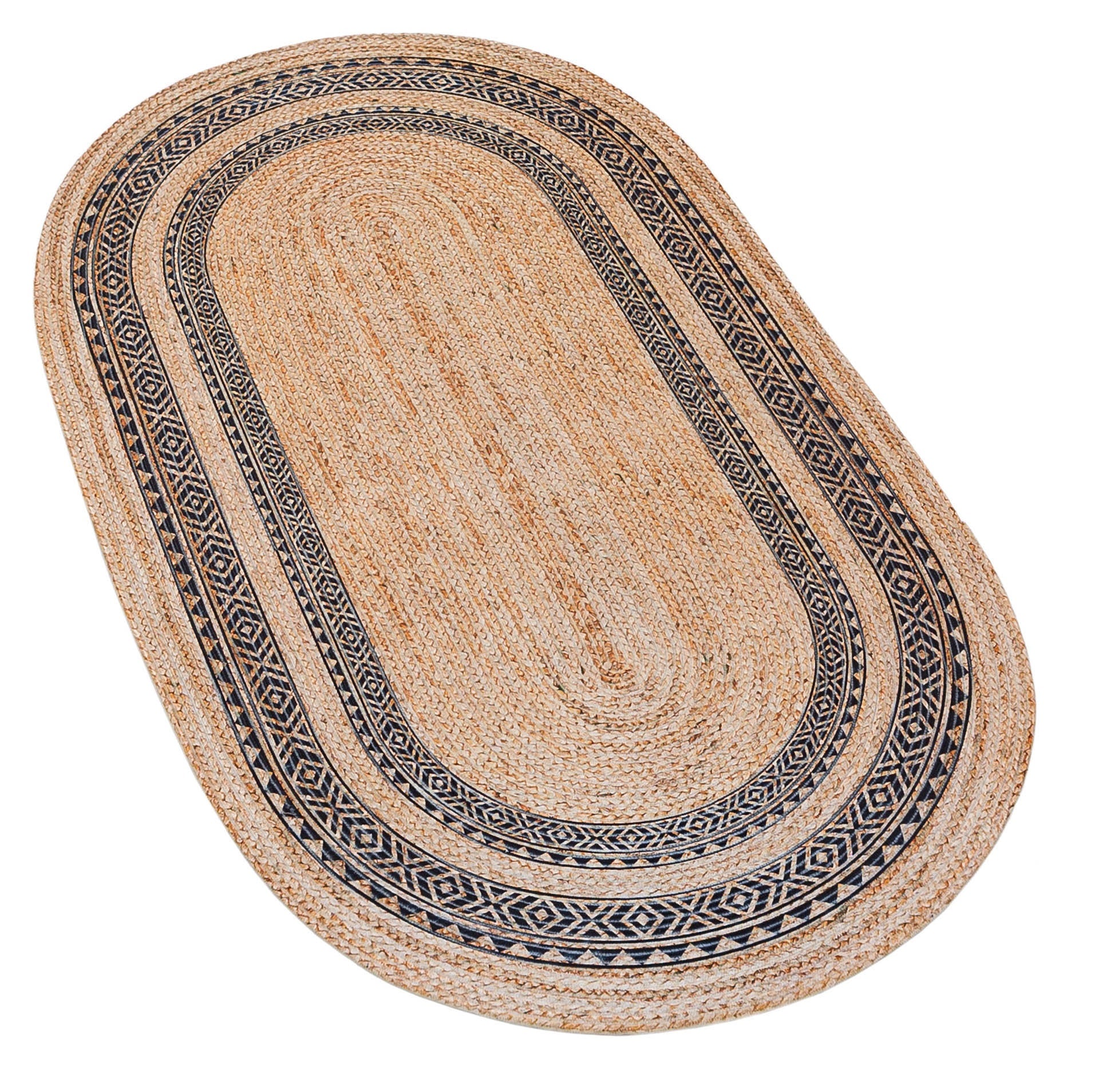 Bohemian Jute Rug: Washable Oval Rug with Geometric Border