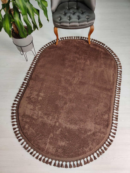 Fluffy Brown Rug: Oval Cotton Washable Carpet