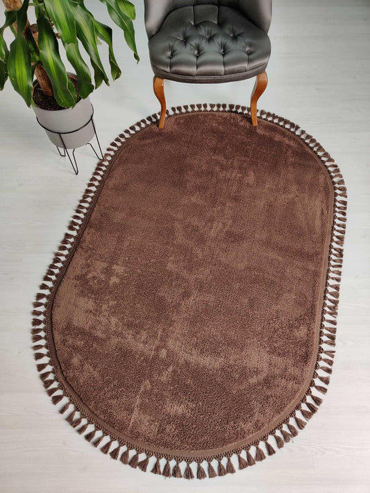 Fluffy Brown Rug: Oval Cotton Washable Carpet