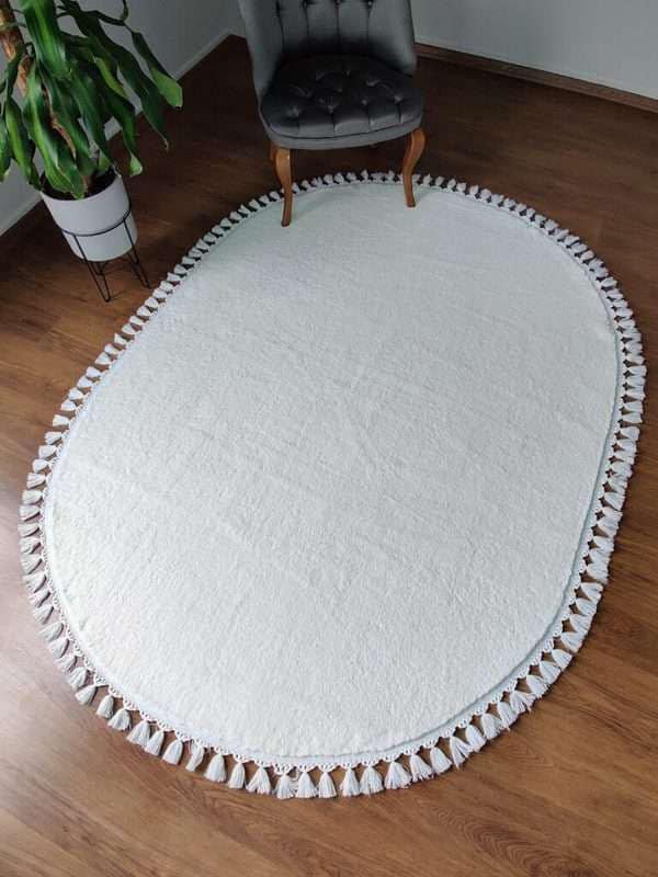 Fluffy White Rug: Washable Cotton Oval Carpet, Nursery Decor