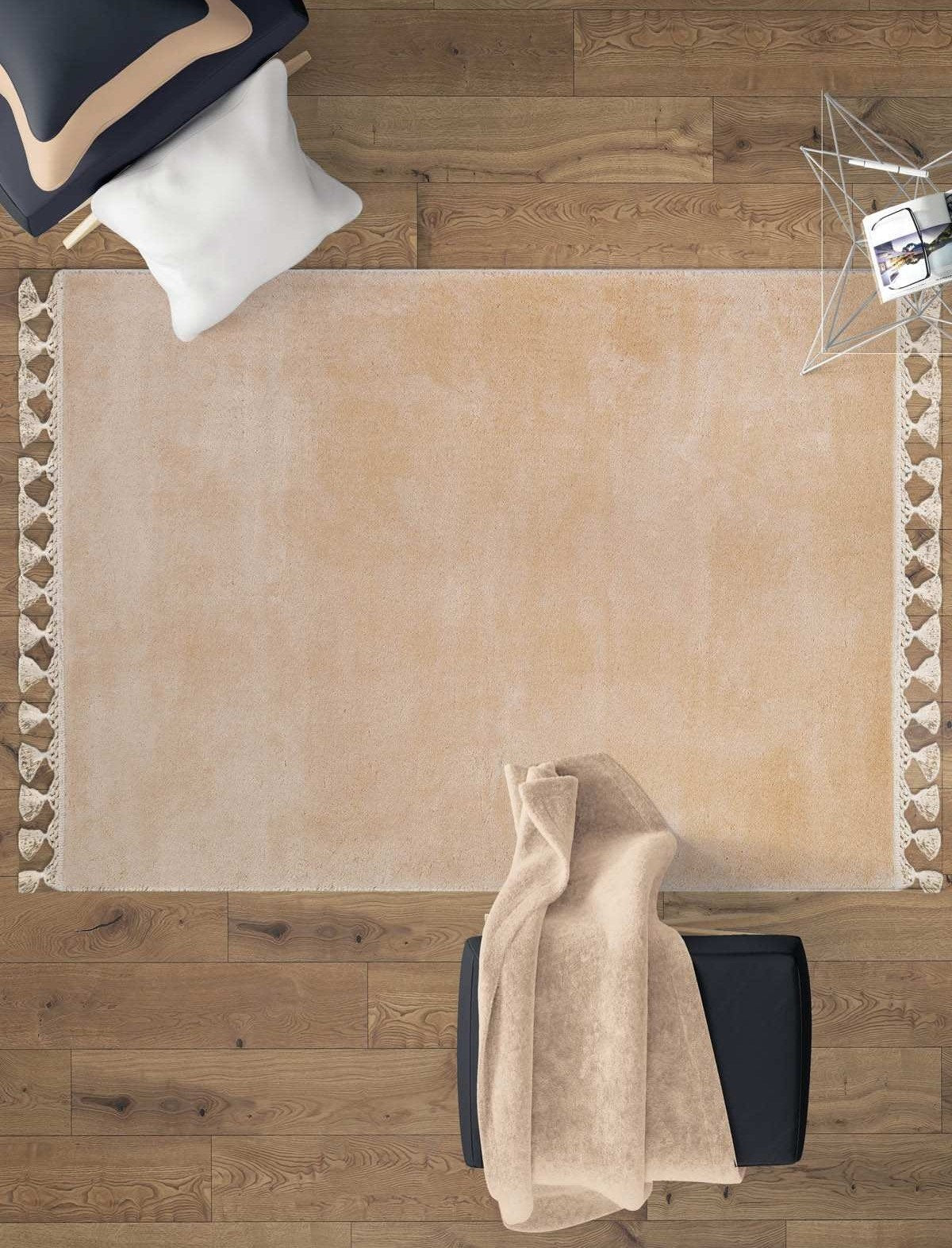 Fluffy Beige Rug with tassels: Modern Home Decor, Anti-Allergic Cotton Carpet