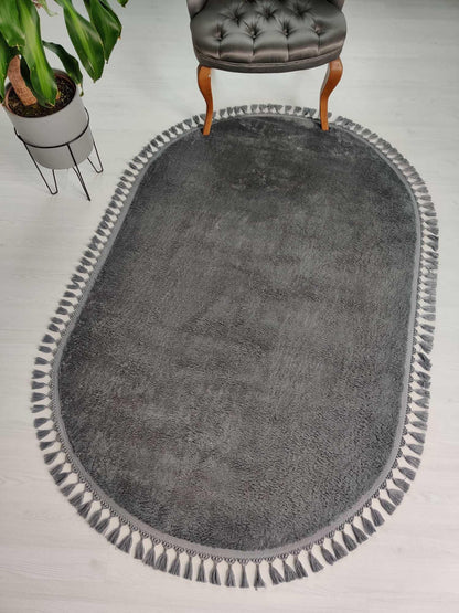 Fluffy Silver Oval Rug: Washable Cotton Carpet with Tassels