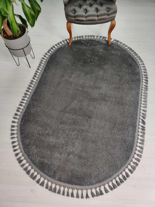 Fluffy Silver Oval Rug: Washable Cotton Carpet with Tassels