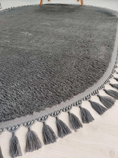 Fluffy Silver Oval Rug: Washable Cotton Carpet with Tassels