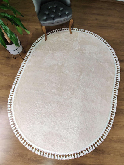 Fluffy Cream Rug: Modern Oval Cotton Carpet with Tassels
