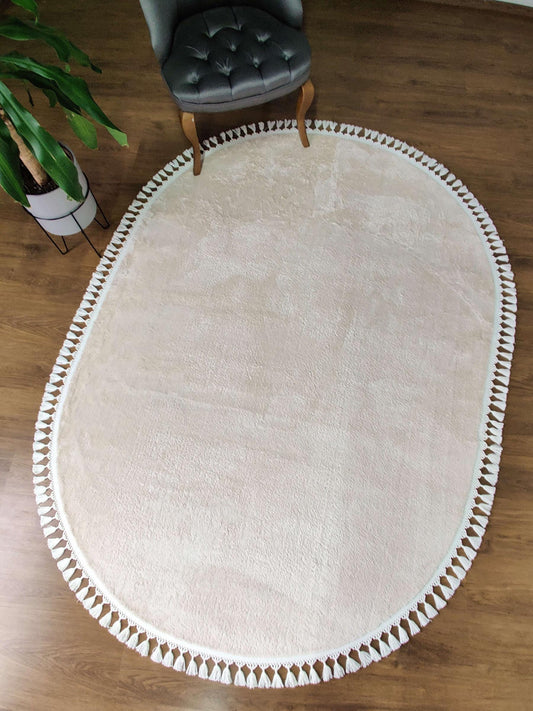 Fluffy Cream Rug: Modern Oval Cotton Carpet with Tassels