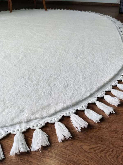 Fluffy White Rug: Washable Cotton Oval Carpet, Nursery Decor