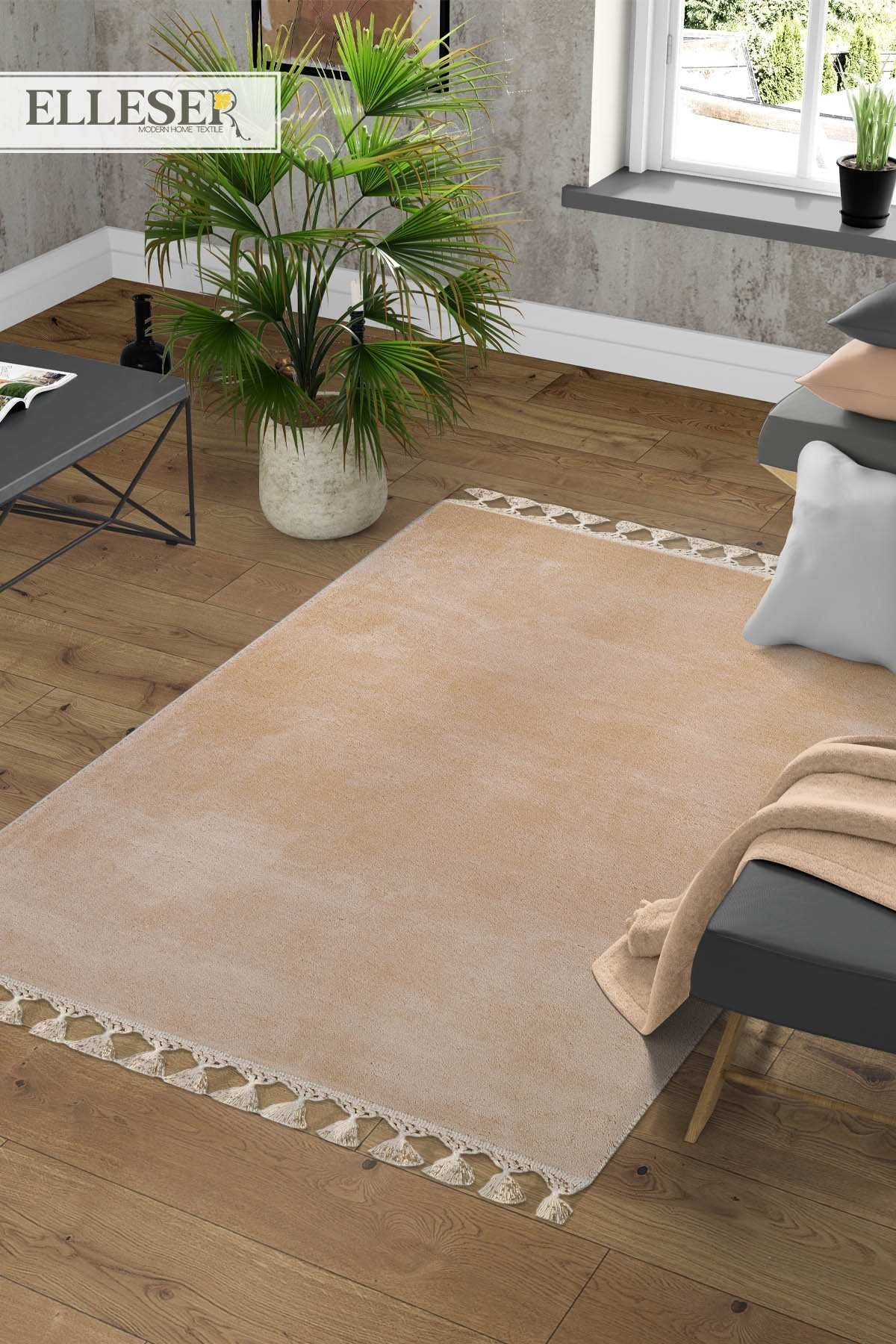 Fluffy Beige Rug with tassels: Modern Home Decor, Anti-Allergic Cotton Carpet