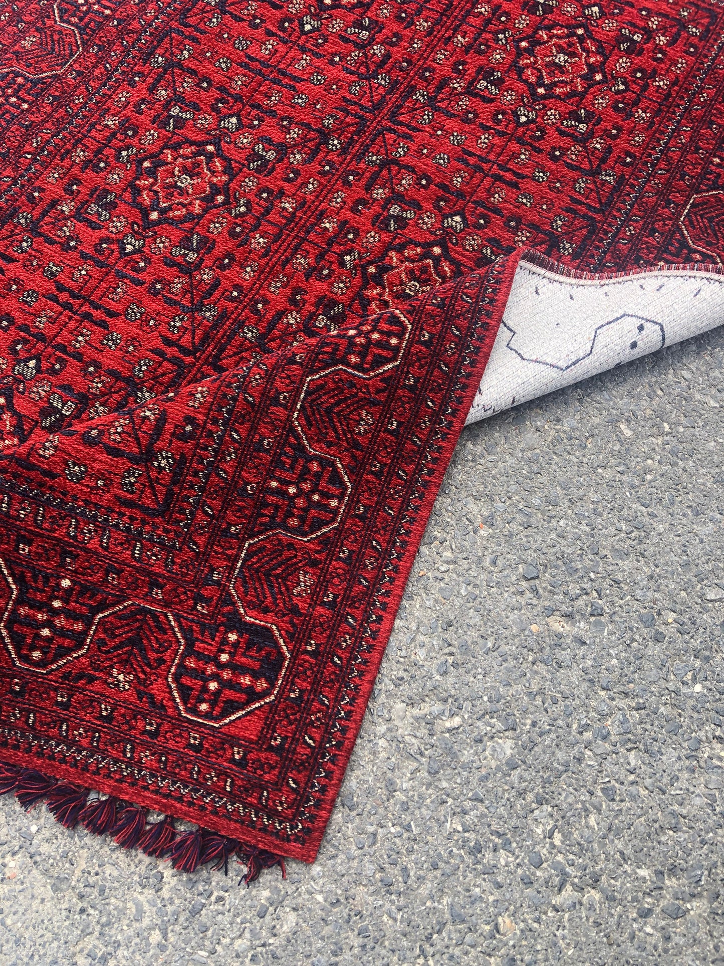 Red Afghan Rug: Traditional Bukhara Oriental Chenille Rug (3.9 x 5.9 FT)