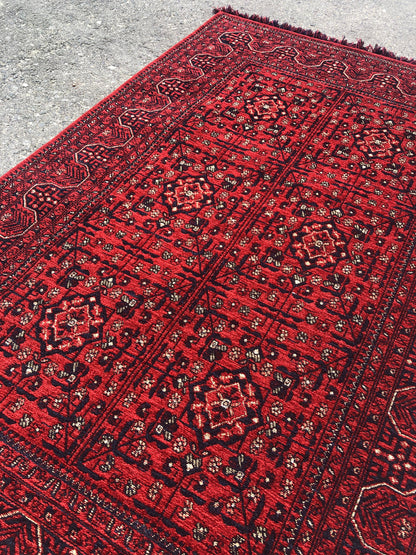 Red Afghan Rug: Traditional Bukhara Oriental Chenille Rug (3.9 x 5.9 FT)