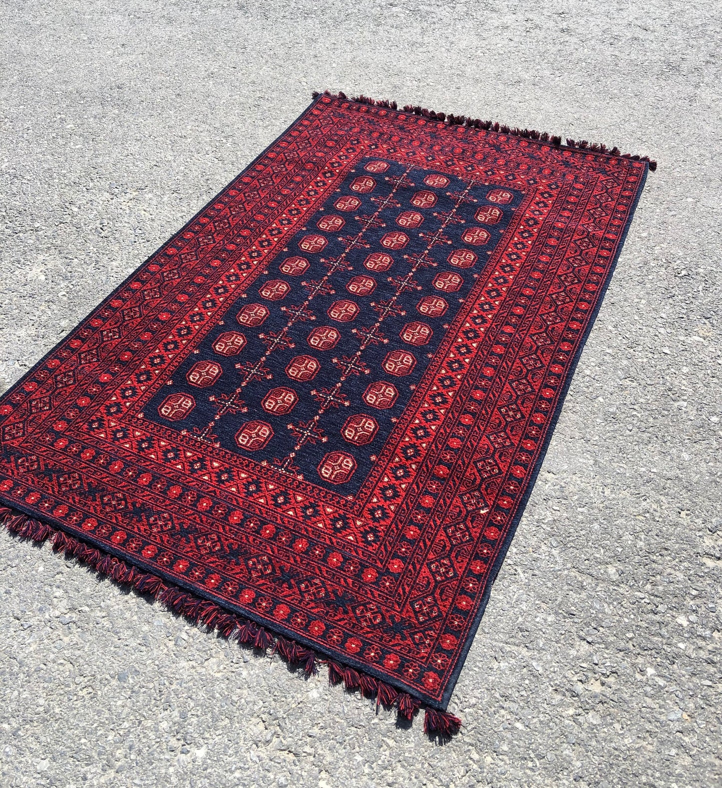 Red Afghan Rug: Traditional Bukhara Oriental Chenille Rug (3.9 x 5.9 ft)