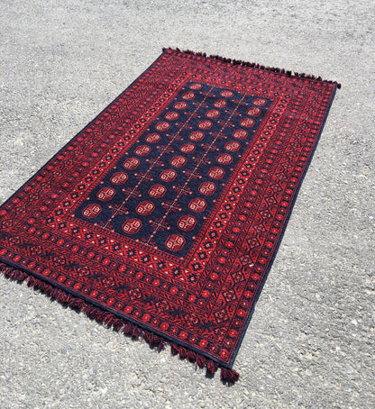 Red Afghan Rug: Traditional Bukhara Oriental Chenille Rug (3.9 x 5.9 ft)