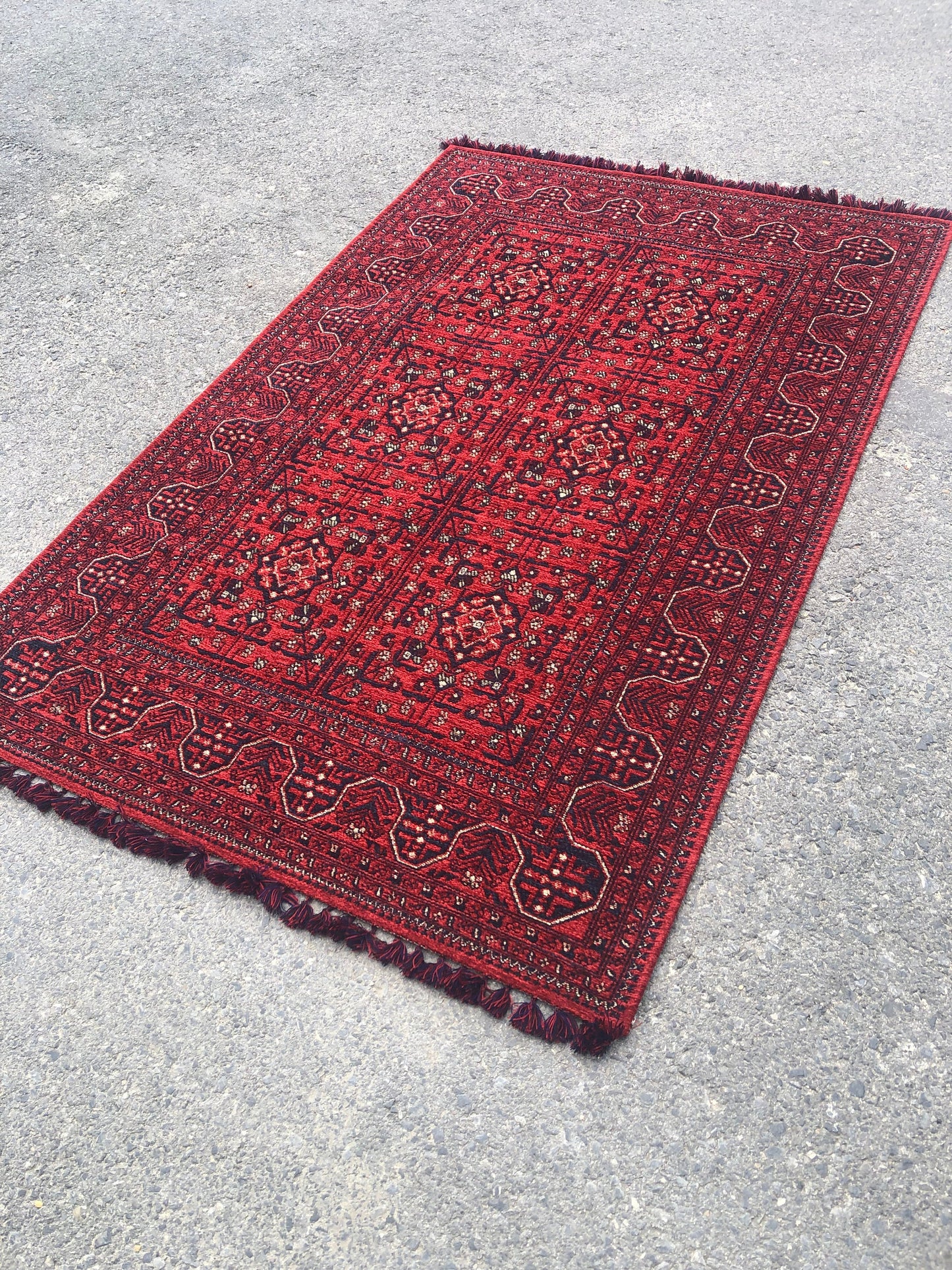 Red Afghan Rug: Traditional Bukhara Oriental Chenille Rug (3.9 x 5.9 FT)