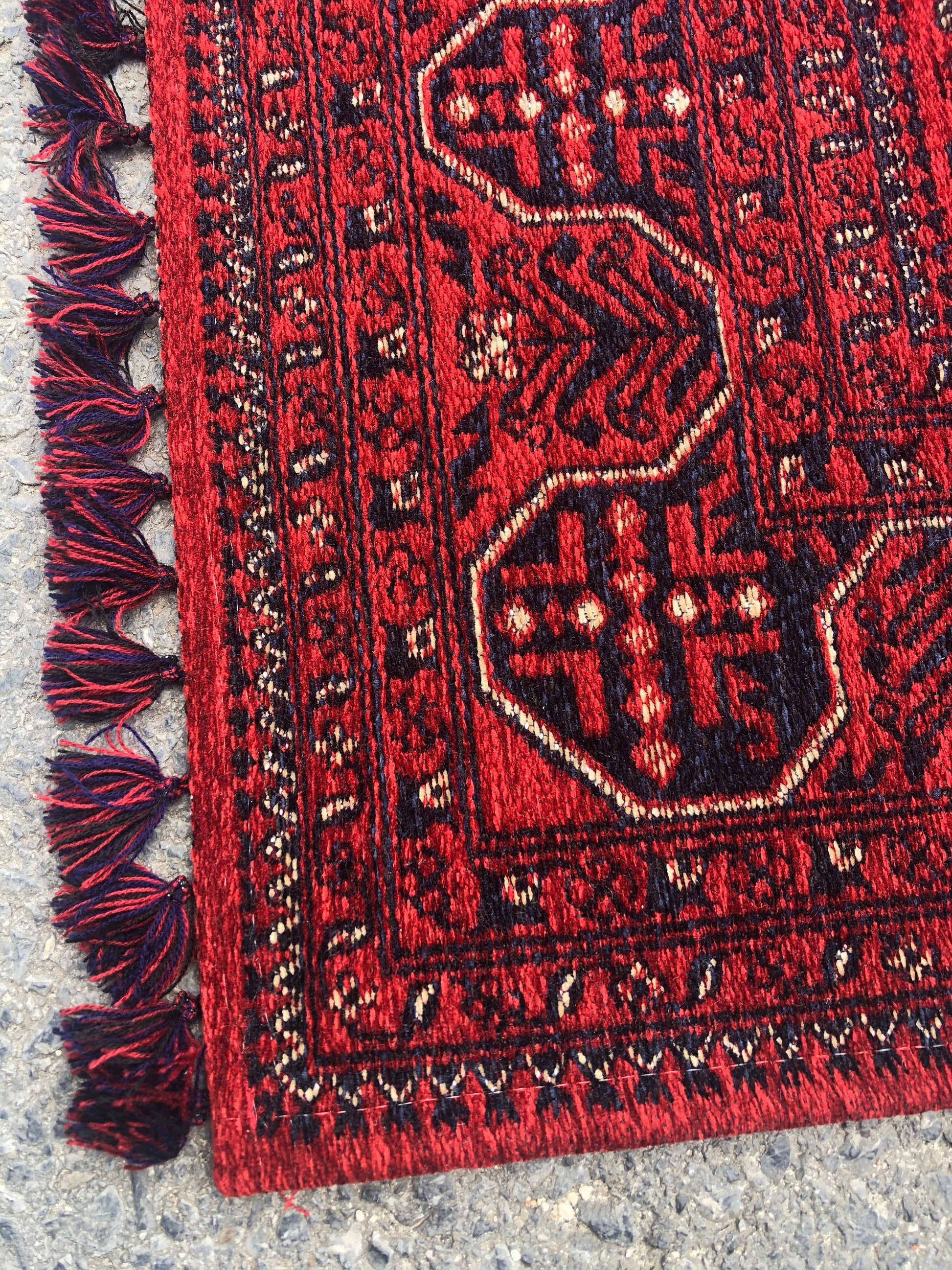 Red Afghan Rug: Traditional Bukhara Oriental Chenille Rug (3.9 x 5.9 FT)