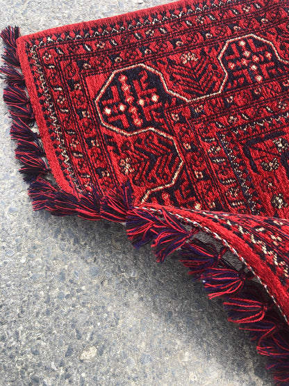 Red Afghan Rug: Traditional Bukhara Oriental Chenille Rug (3.9 x 5.9 FT)