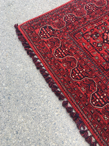 Red Afghan Rug: Traditional Bukhara Oriental Chenille Rug (3.9 x 5.9 FT)