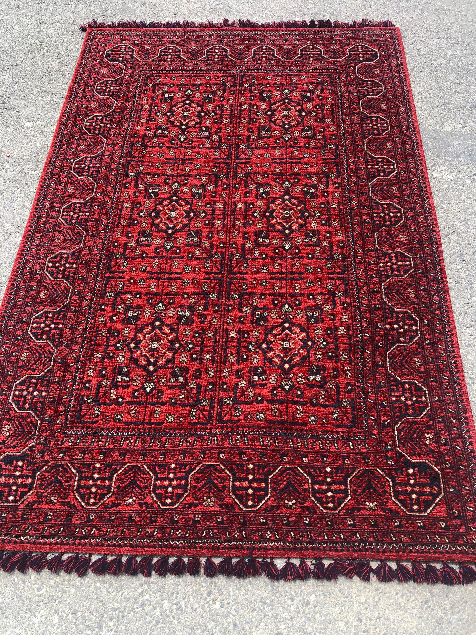 Red Afghan Rug: Traditional Bukhara Oriental Chenille Rug (3.9 x 5.9 FT)