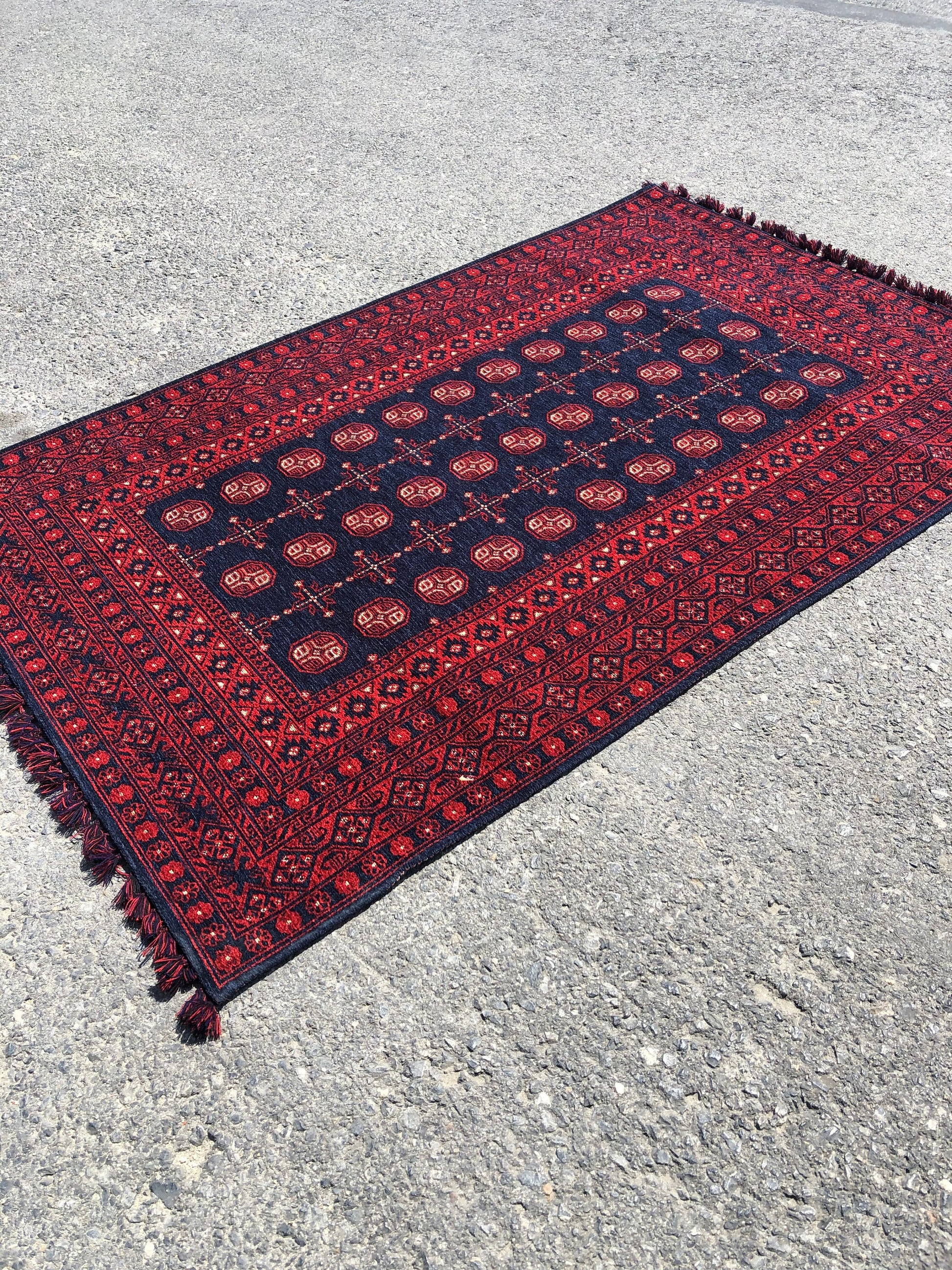 Red Afghan Rug: Traditional Bukhara Oriental Chenille Rug (3.9 x 5.9 ft)
