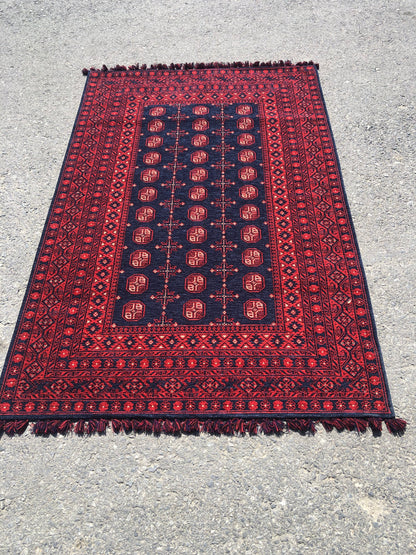 Red Afghan Rug: Traditional Bukhara Oriental Chenille Rug (3.9 x 5.9 ft)